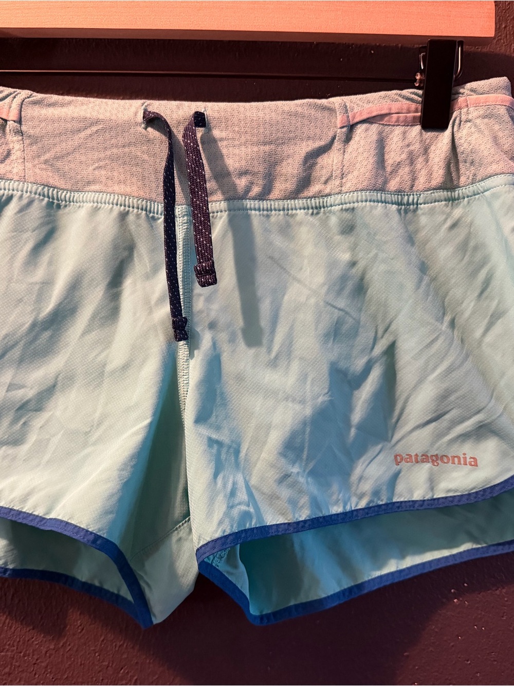 Patagonia Women's Light Aqua Athletic Shorts with Navy Trim